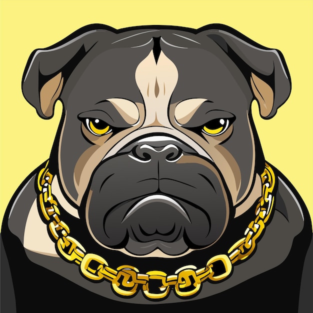 Vettore disegno animato di un bulldog che indossa una catena d'oro disegnato a mano, piatto, elegante, adesivo di cartone animato, concetto di icona isolato