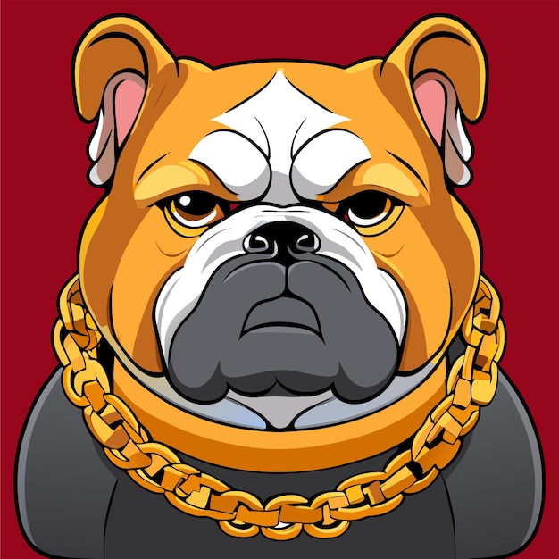 Disegno animato di un bulldog che indossa una catena d'oro disegnato a mano, piatto, elegante, adesivo di cartone animato, concetto di icona isolato