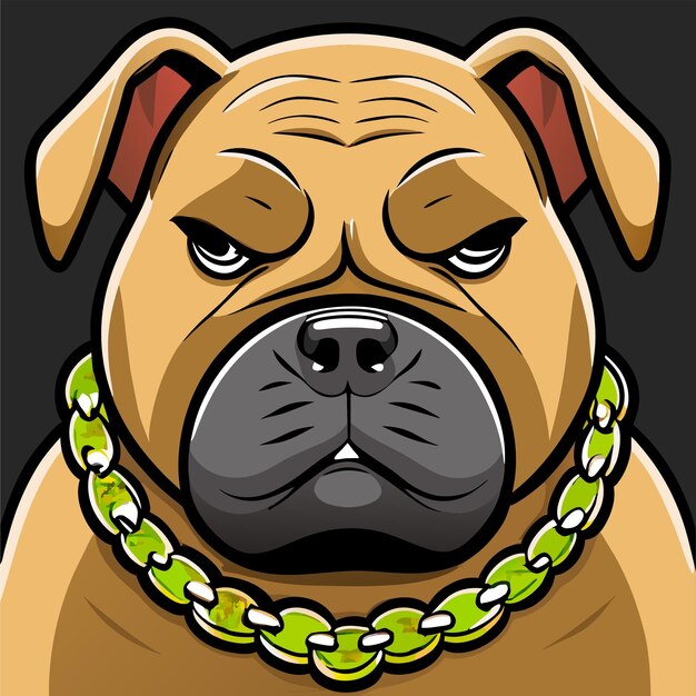 Disegno animato di un bulldog che indossa una catena d'oro disegnato a mano, piatto, elegante, adesivo di cartone animato, concetto di icona isolato