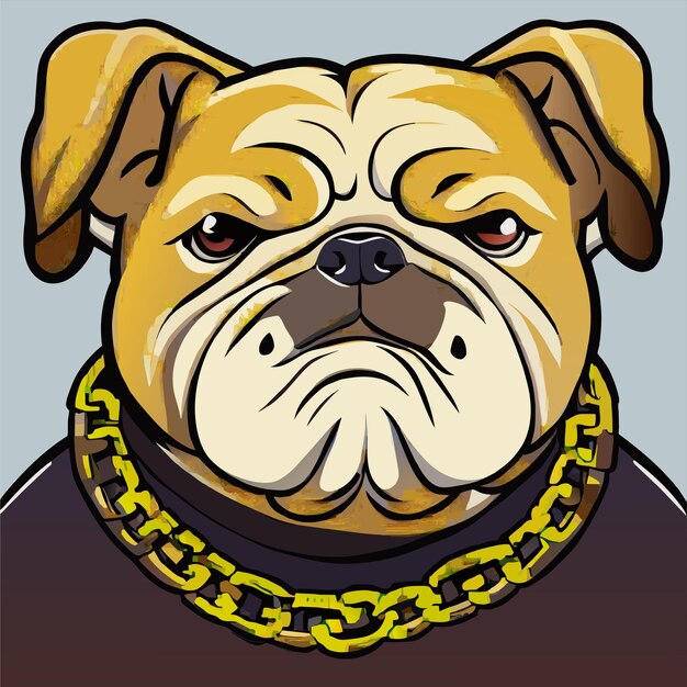 Bulldog cartoon wearing gold chain hand drawn flat stylish cartoon sticker icon concept isolated