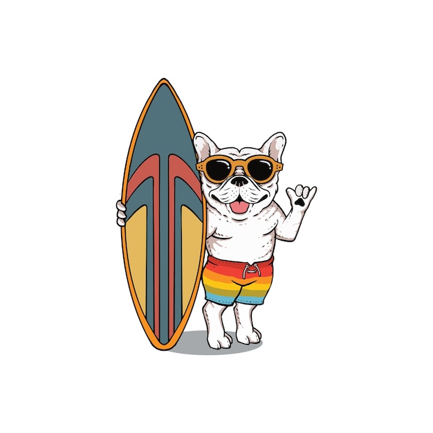 Bulldog en surfplank mascotte sjabloon