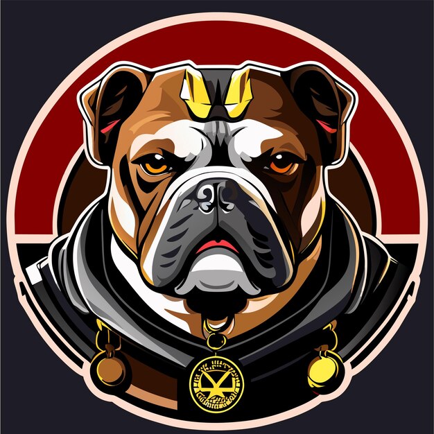 Mascotte a testa di bulldog disegnata a mano, piatta, elegante, adesiva di cartone animato, icon concept, illustrazione isolata