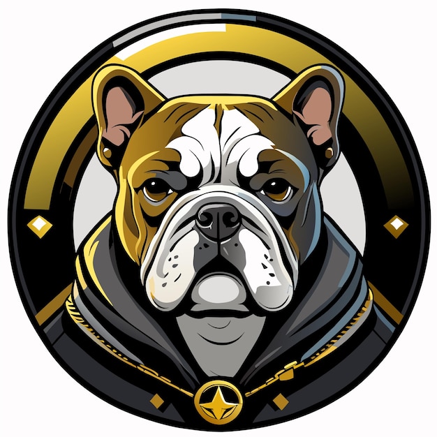 Mascotte a testa di bulldog disegnata a mano, piatta, elegante, adesiva di cartone animato, icon concept, illustrazione isolata