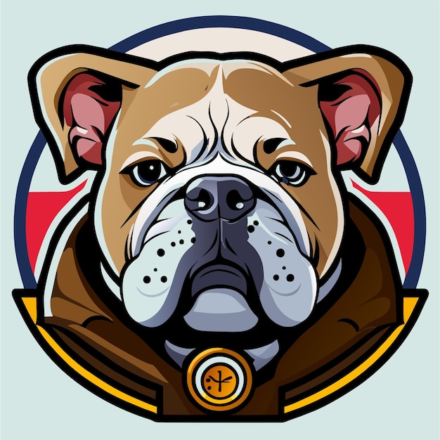 Vettore mascotte a testa di bulldog disegnata a mano, piatta, elegante, adesiva di cartone animato, icon concept, illustrazione isolata