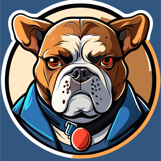 Vettore mascotte a testa di bulldog disegnata a mano, piatta, elegante, adesiva di cartone animato, icon concept, illustrazione isolata