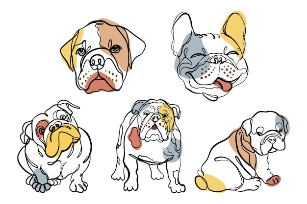 Bulldog outline set puppy. Funny bulldogs sitting and looking forward. Linear drawing
