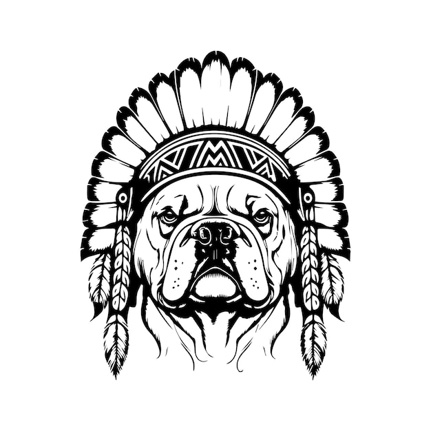 Vector bulldog wearing indian chief head hand drawn illustration