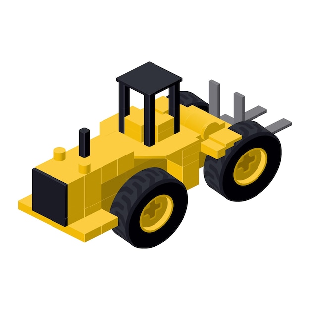Bulldozer assembled from plastic blocks in isometric style. Vector clipart