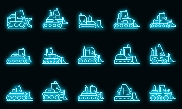 Bulldozer pictogrammen instellen. Overzicht set bulldozer vector iconen neon kleur op zwart