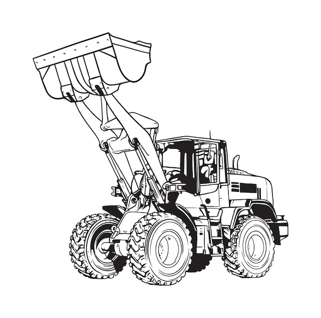 Camion bulldozer al lavoro vettore cartone animato linea arte illustrazione