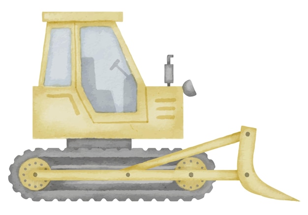 Vector bulldozer waterverf illustratie handgetekende clip art van baby speelgoed geel dozer op geïsoleerde achtergrond truck tekening voor afdrukken op een jongens t-shirt bouwvoertuig schets