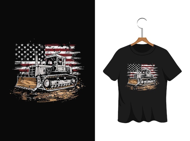 Vettore bulldozer con una bandiera americana t-shirt design opera d'arte