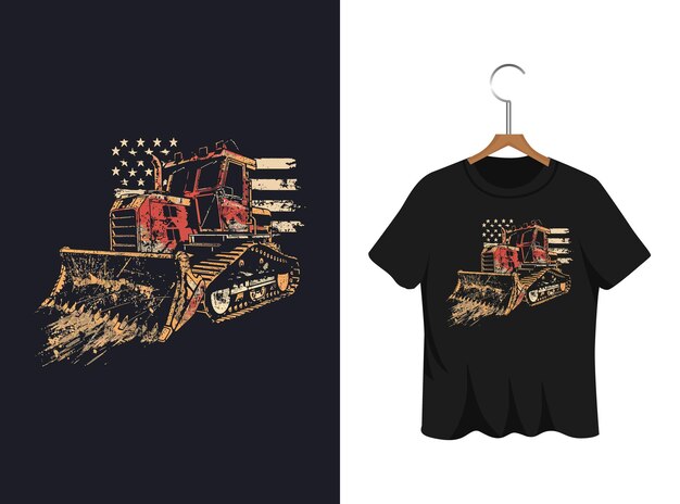 Vector bulldozer with an american flag t shirt design artwork