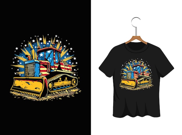 アメリカ国旗を掲げたブルドーザー tシャツデザイン