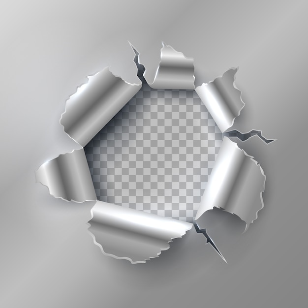 Bullet hole in metal. opening with ripped steel edges. vector illustration isolated on transparent background