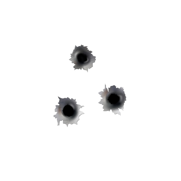 Bullet holes of gun or pistol shoot in metal single and double hole damage and cracks on surface