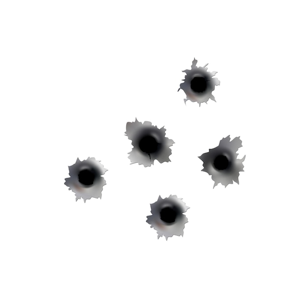 총 또는 권총의 총알 구멍 금속 단일 및 이중 구멍에 총알 표면 손상 및 균열