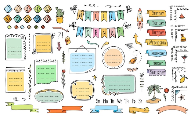 Vector bullet journal color doodle diary calendar frames