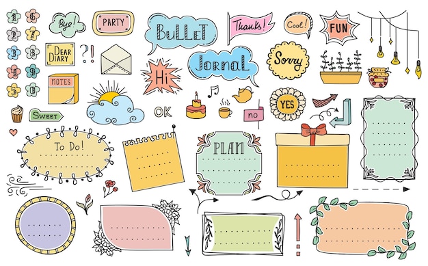 Vector bullet journal diary calendar color doodle frames