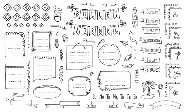 Bullet journal doodle dagboek kalender elementen