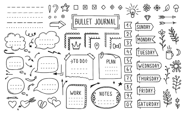 Vector bullet journal doodle diary elements stickers