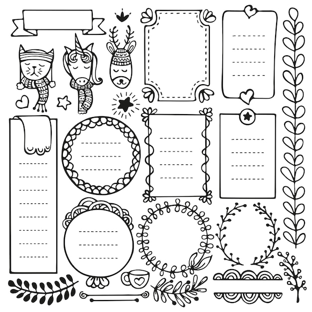 Bullet journal en kerst handgetekende elementen voor notebook, dagboek en planner. doodle frames geïsoleerd