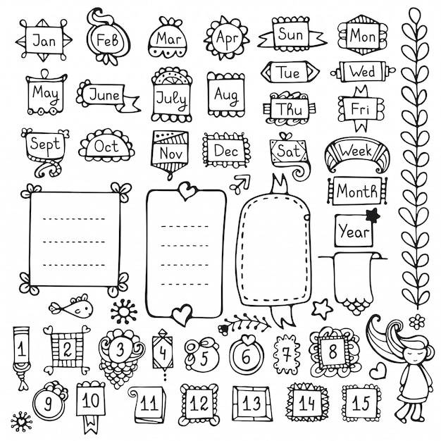 Пуля журнал рисованной элементы для ноутбука, дневника и планировщика. изолированные рамки каракули