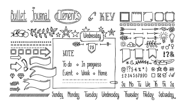 ベクトル ノート日記の弾丸ジャーナル手描き要素白で隔離かわいい手描き落書きバナー数字と曜日日曜日月曜日火曜日水曜日木曜日金曜日土曜日