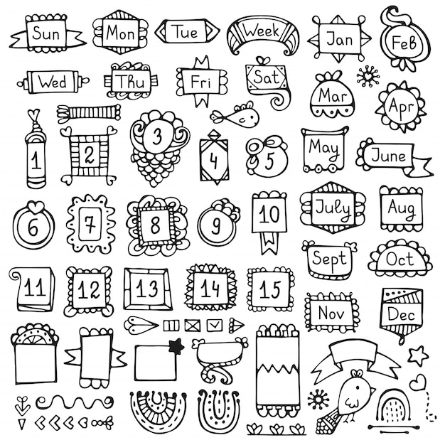 Bullet journal hand drawn elements for notebook, diary and planner. doodle frames isolated
