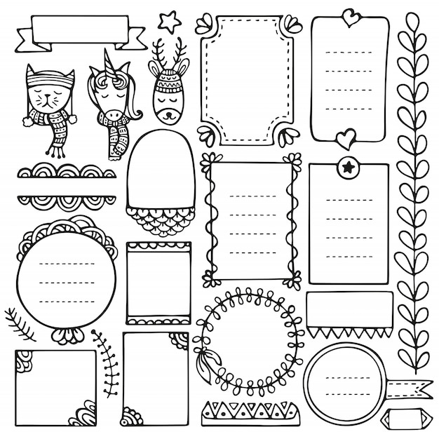 Bullet journal hand drawn   elements for notebook, diary and planner. doodle frames isolated