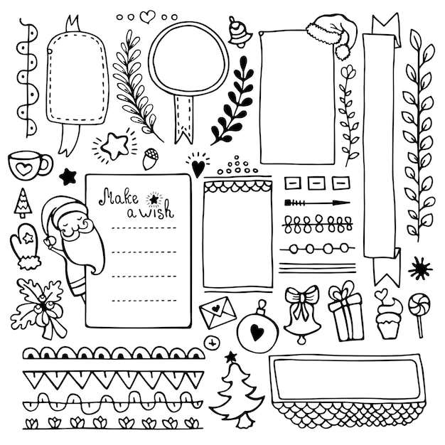 Vector bullet journal hand drawn elements for notebook, diary and planner. set of doodle frames, banners and christmas elements isolated on white background.