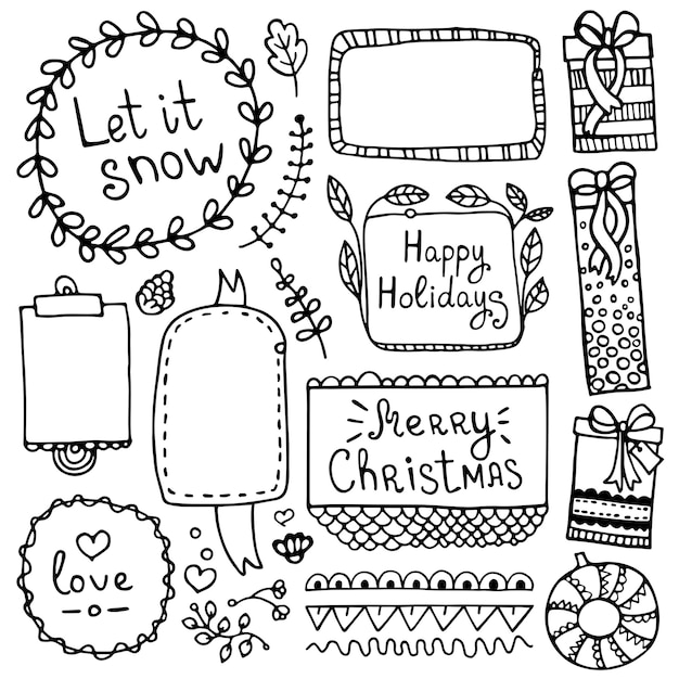 Bullet journal hand drawn elements for notebook, diary and planner. set of doodle frames, and christmas elements isolated on white background.