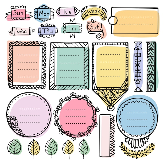 Vector bullet journal hand drawn vector elements for notebook, diary and planner. doodle frames set isolated.