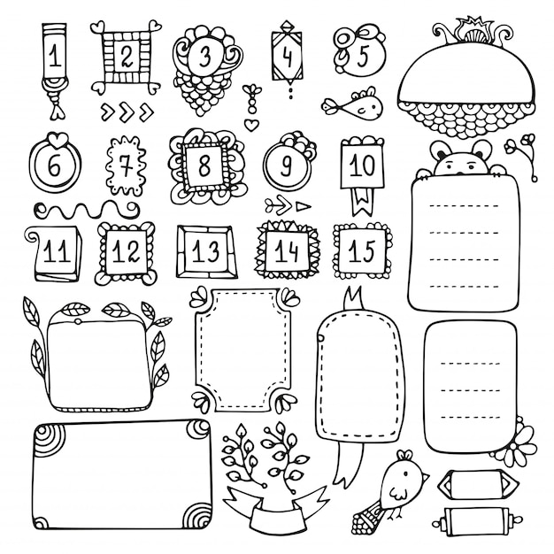 Vector bullet journal hand drawn vector elements for notebook, diary and planner.