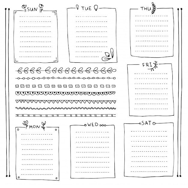 Bullet journal handgetekende elementen voor notebook, dagboek en planner. Doodle banners geïsoleerd op een witte achtergrond. Dagen van de week, notities, lijst, kaders, scheidingslijnen.