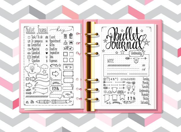 Vector bullet journal mock up hand drawn doodles elements for notebook diary cute hand drawn doodle banners isolated on white numbers and days of week lettering