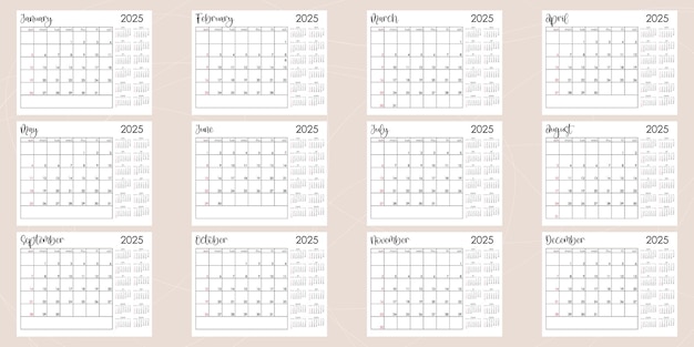 Vettore schema di bullet journal pianificatore mensile 2025 calendario settimanale a partire da domenica pronto a stampare 85x11