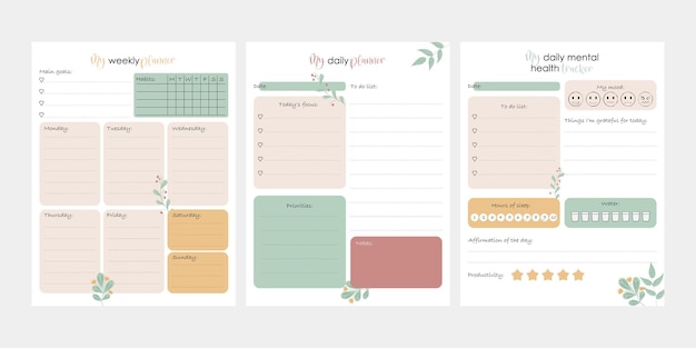 Vector bullet journal template wekelijkse dagelijkse planner mentale gezondheid planner klaar om te drukken 85x11 in pagina's