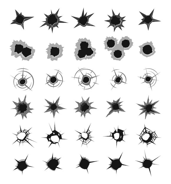 Bullet marks gunshot weapons impact marks vector template set