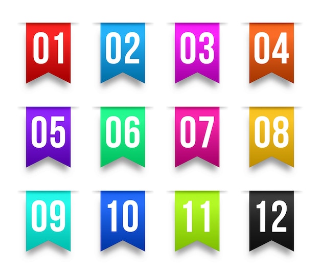 Vector bullet points numbers 1 to 12 info markers colorful label ribbons set