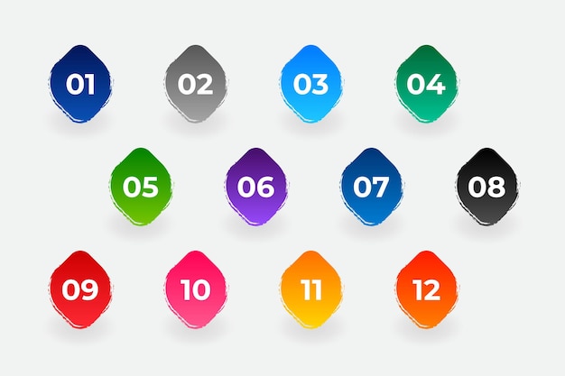 Vector bullet points numbers from one to twelve