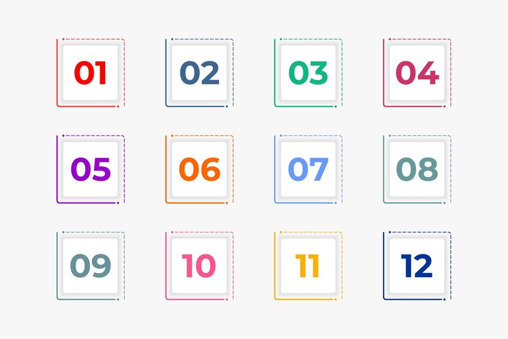 1에서 12까지의 글머리 기호 숫자