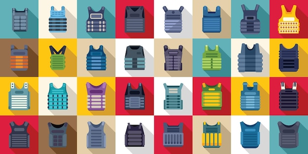 Vector bulletproof vest icons set flat vector armor body vest military protection