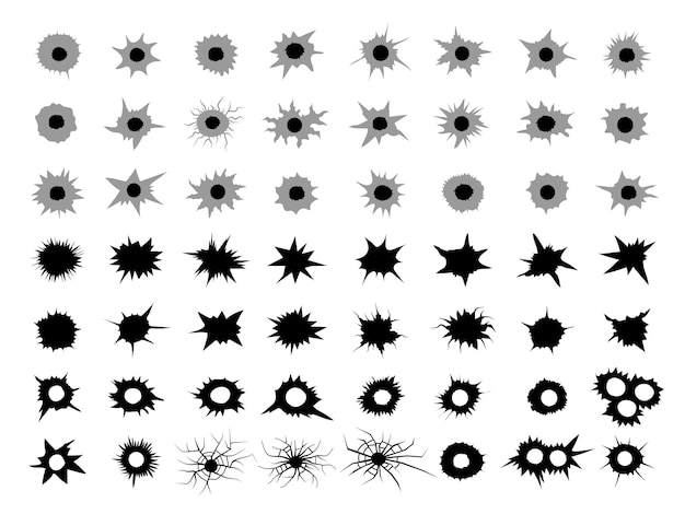 Bullets holes cracked dots from gunshot shooting area recent vector silhouettes collection