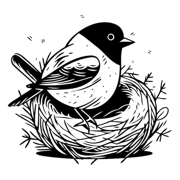 Vector bullfinch in the nest vector illustration on white background