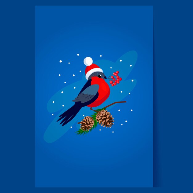 Bullfinch wearing a hat holding berries on branch with cones. vector illustration