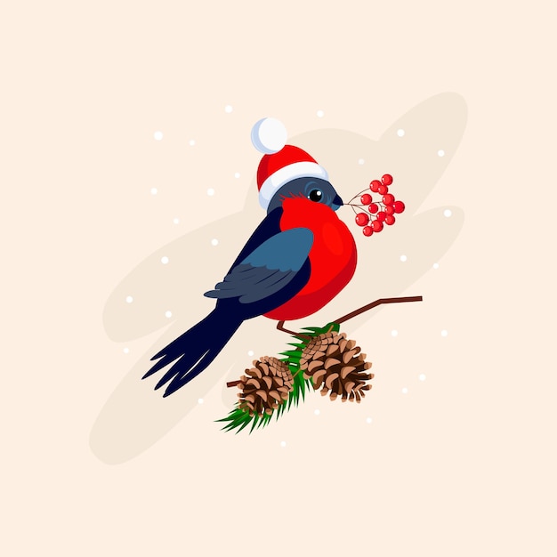 Bullfinch wearing a Hat holding berries on Branch with Cones. Vector Illustration