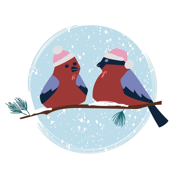 Bullfinches in Christmas hats are sitting on a branch Illustration on a white background