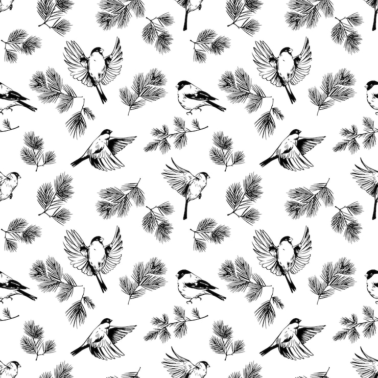 Vector bullfinches flying birds and pine branches seamless pattern vector illustrations