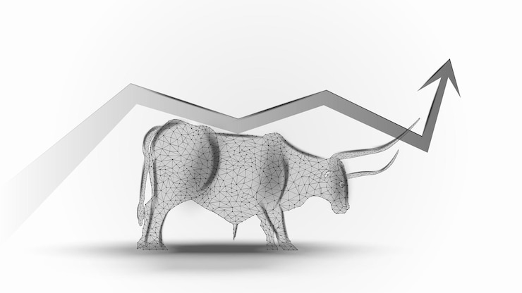Vector bullish trend with upward arrow on back of polygonal bull on light background bullish support on the stock exchange vector illustration